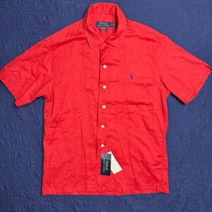 Polo Ralph Lauren Mens S Linen Blend Short Sleeve Button Up Shirt Red Custom Fit